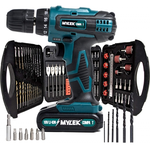 Mylek 18V Cordless Drill + 118 pc Drill Bit Accessory Set